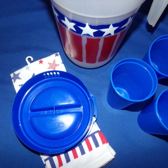 New - Stars & Stripes 1gal Plastic Pitcher, 4 Blue Plastic Cups, Stars Tea Towel - Picture 6 of 7